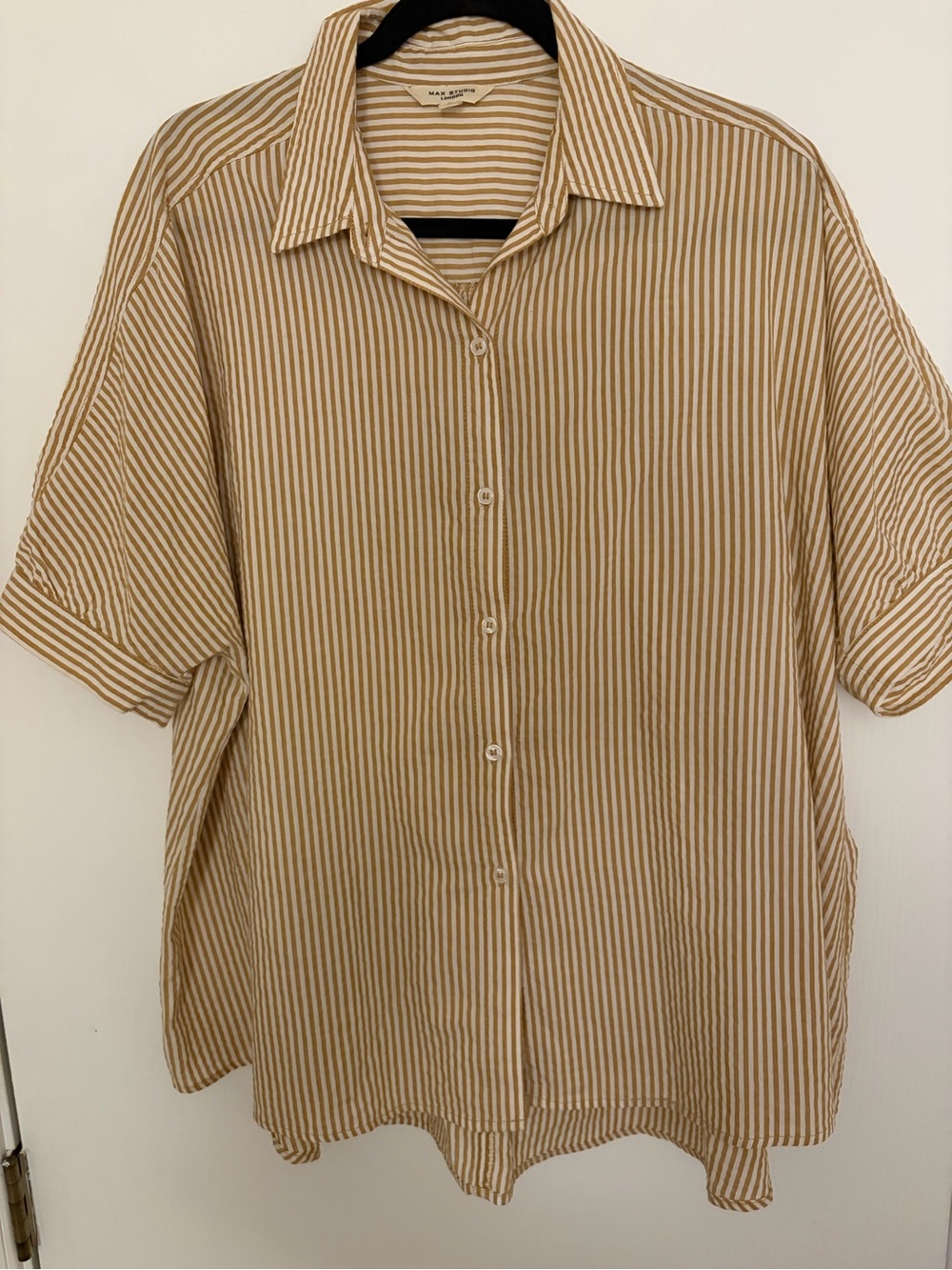 Max Studio Beige and White Striped Short-Sleeve Button-Down Shirt